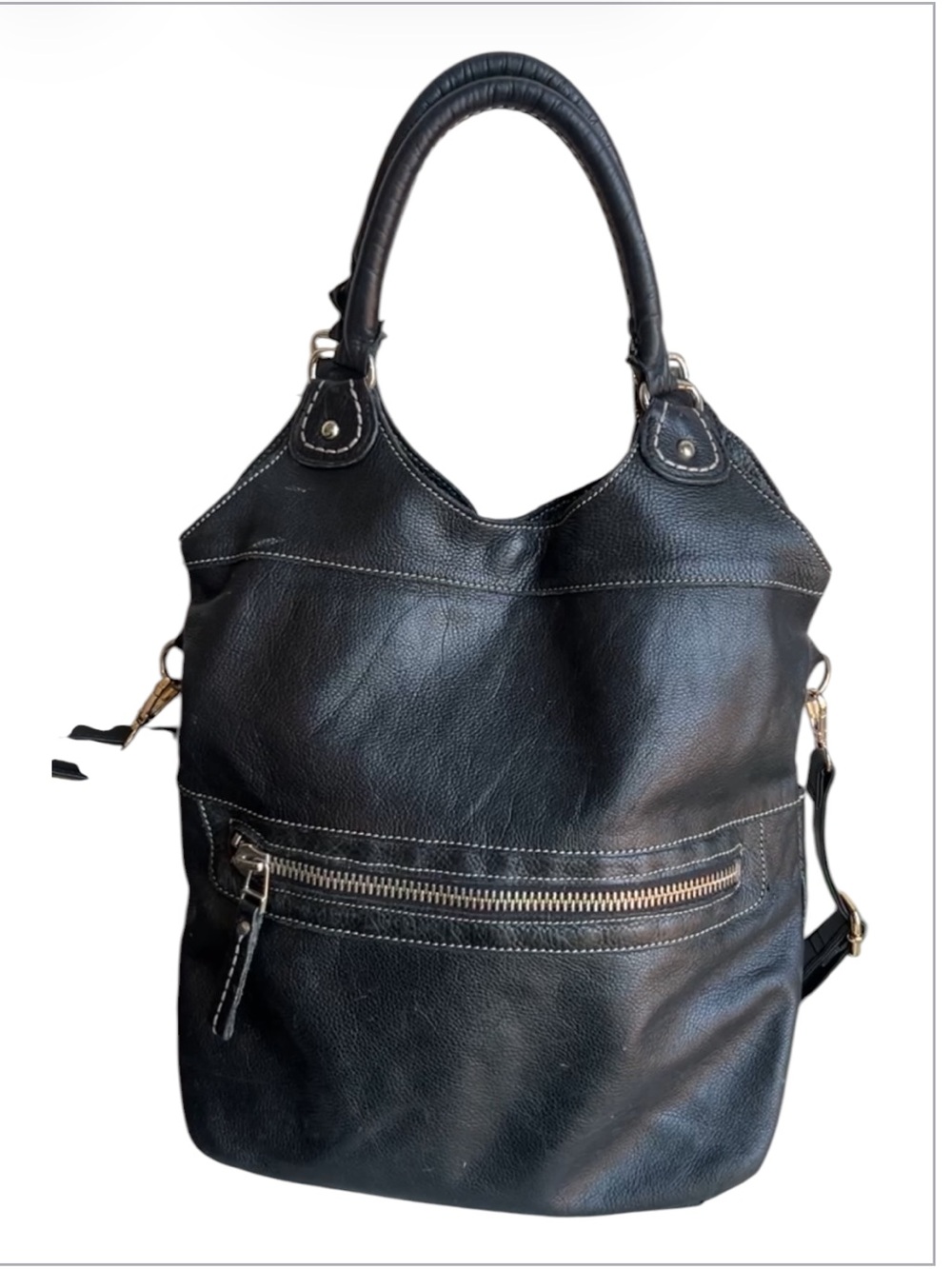 Roots Black Leather Large Shoulder Tote Bag Pebbled Leather